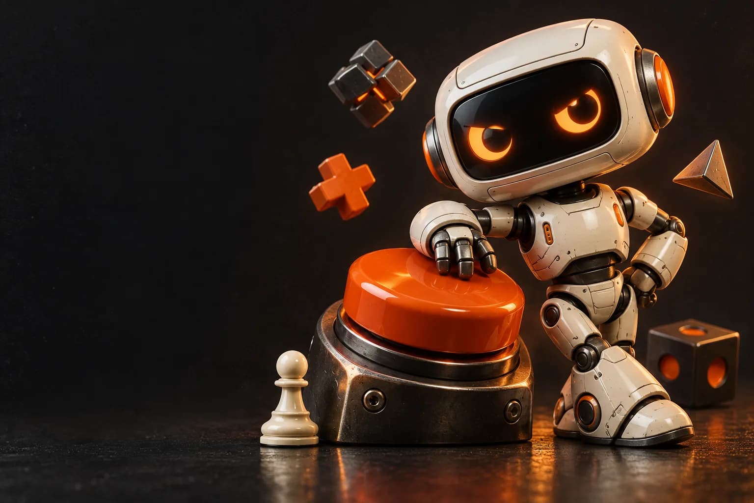 A mischievous little robot guarding a big orange arcade button