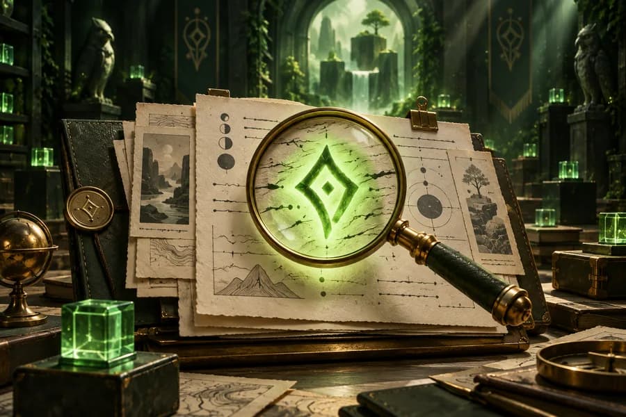 A mysterious green-lit archive of documents and a magnifying glass