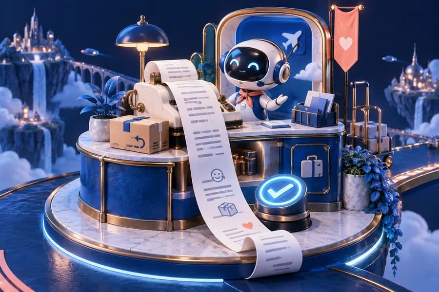 A futuristic customer service desk with a receipt and return parcel