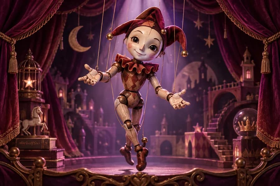 A wooden marionette on a velvet theater stage