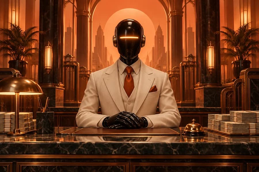A robotic bank teller behind an art deco bank counter