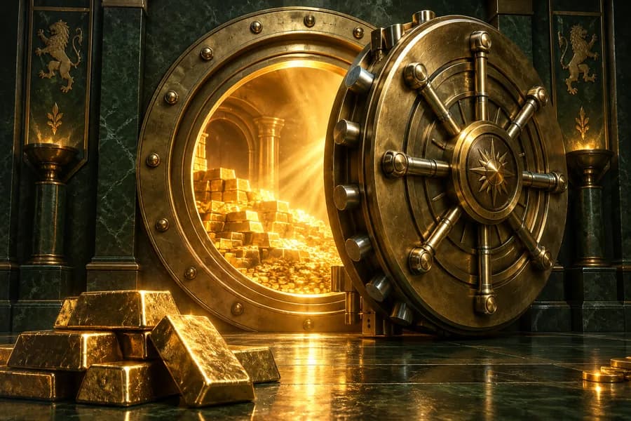 A golden vault door opening into a glowing treasure chamber